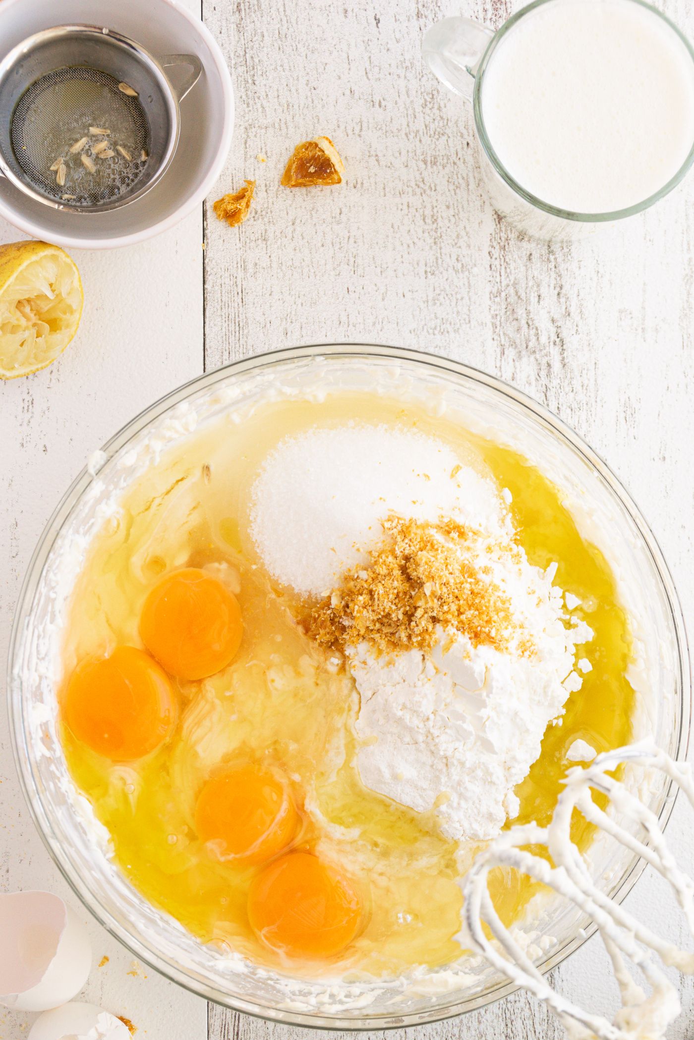 Flour and eggs arranged for baking